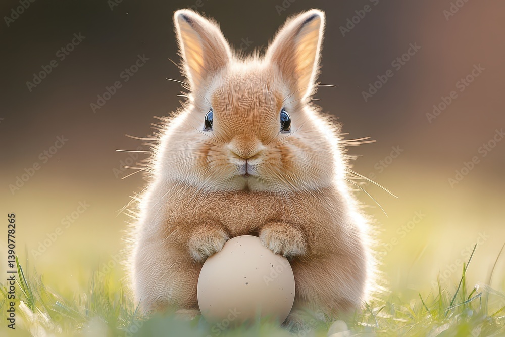 Cute rabbit holding an egg in a grassy field