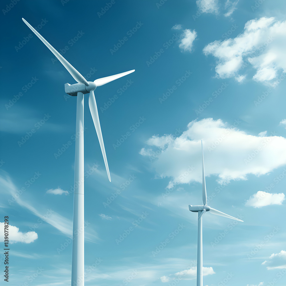 White Wind Turbines Generating Renewable Energy Against Blue Sky and Clouds White Wind Turbines Generating Renewable Energy Against Blue Sky and Clouds