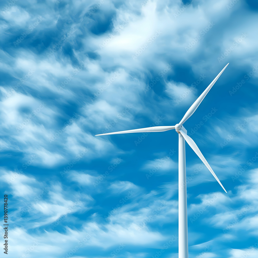 White Wind Turbine Against Blue Sky with Wispy Clouds Generating Renewable Power for a Sustainable Future White Wind Turbine Against Blue Sky with Wispy Clouds Generating Renewable Power for a Sustainable Future