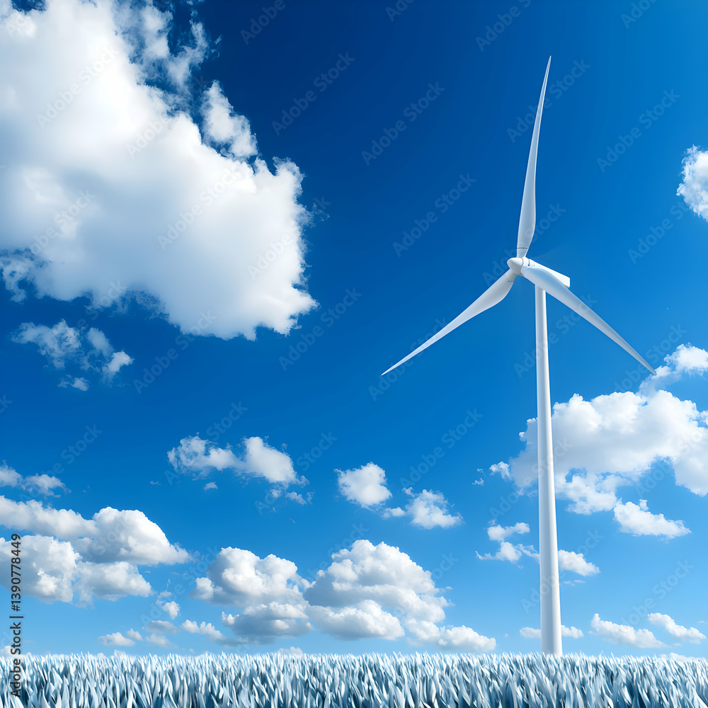 White Wind Turbine Against Blue Sky with White Clouds Above Blue Textured Grass White Wind Turbine Against Blue Sky with White Clouds Above Blue Textured Grass