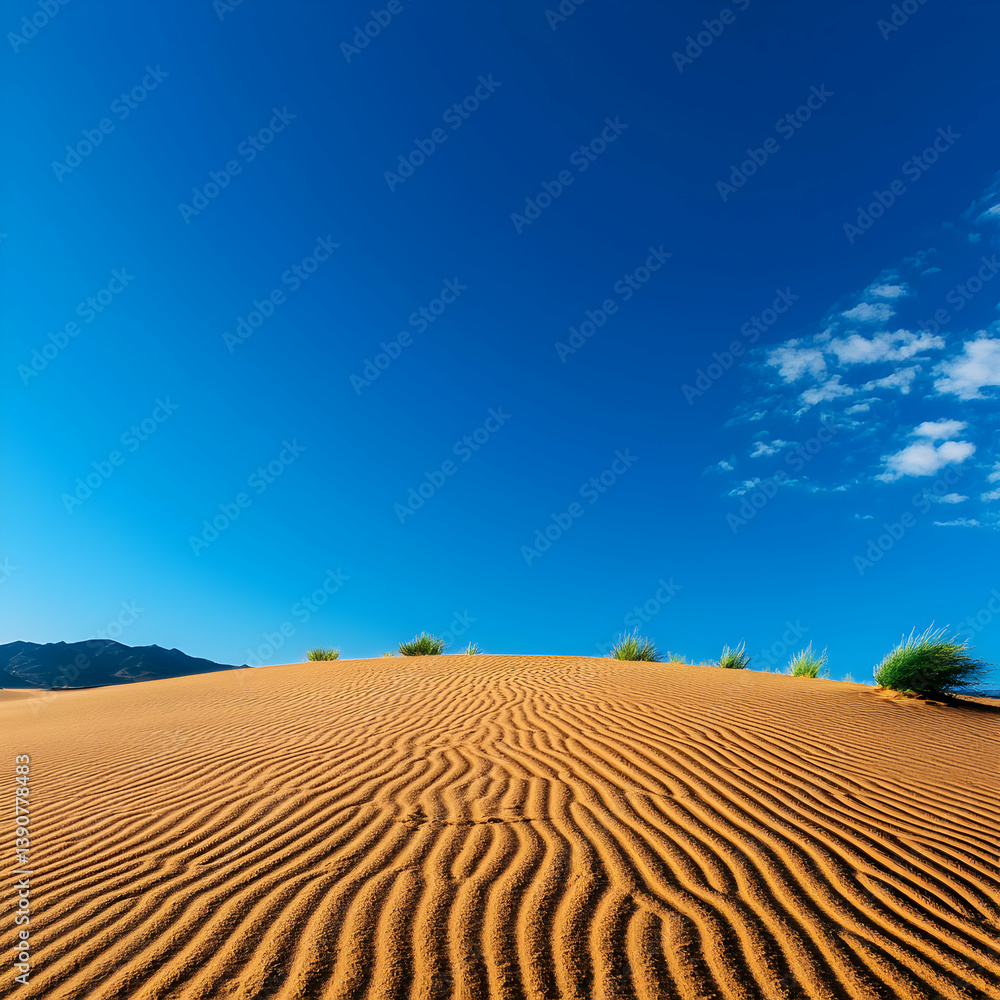 Naklejka premium Textured Sand Dunes Under a Bright Blue Sky with Distant Hills and Small Plants