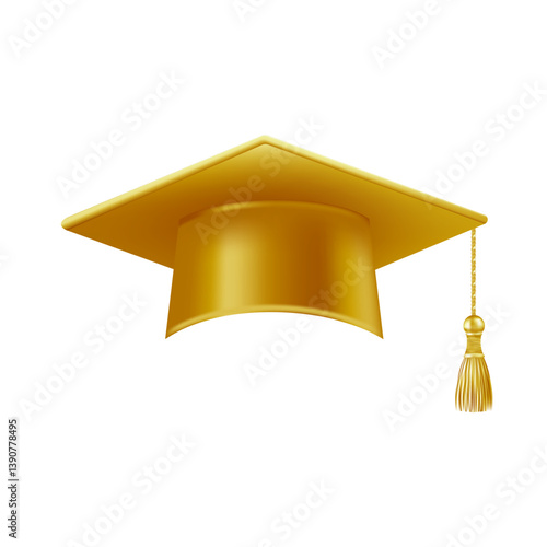 Realistic gold graduate cap. 3D Graduation Doctoral hat.