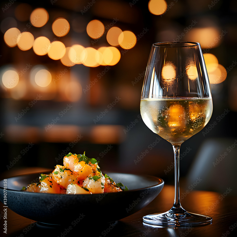 Naklejka premium White Wine Glass Beside Gourmet Dish On Table In Restaurant With Bokeh Background