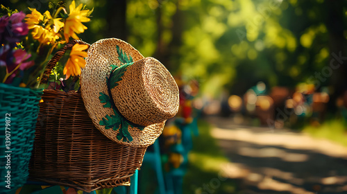 Wicker Basket And Straw Hat Hanging On A Fence With Flowers Along A Blurred Pathway