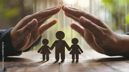 Health care and life insurance concept. Hands protecting family on wood table