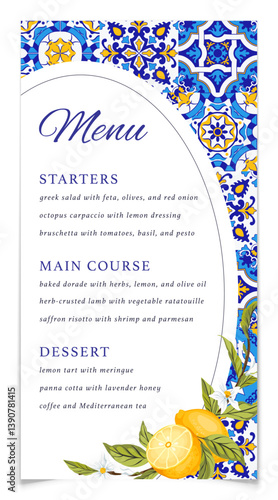 Menu Card with Mediterranean Blue Tiles and Lemons