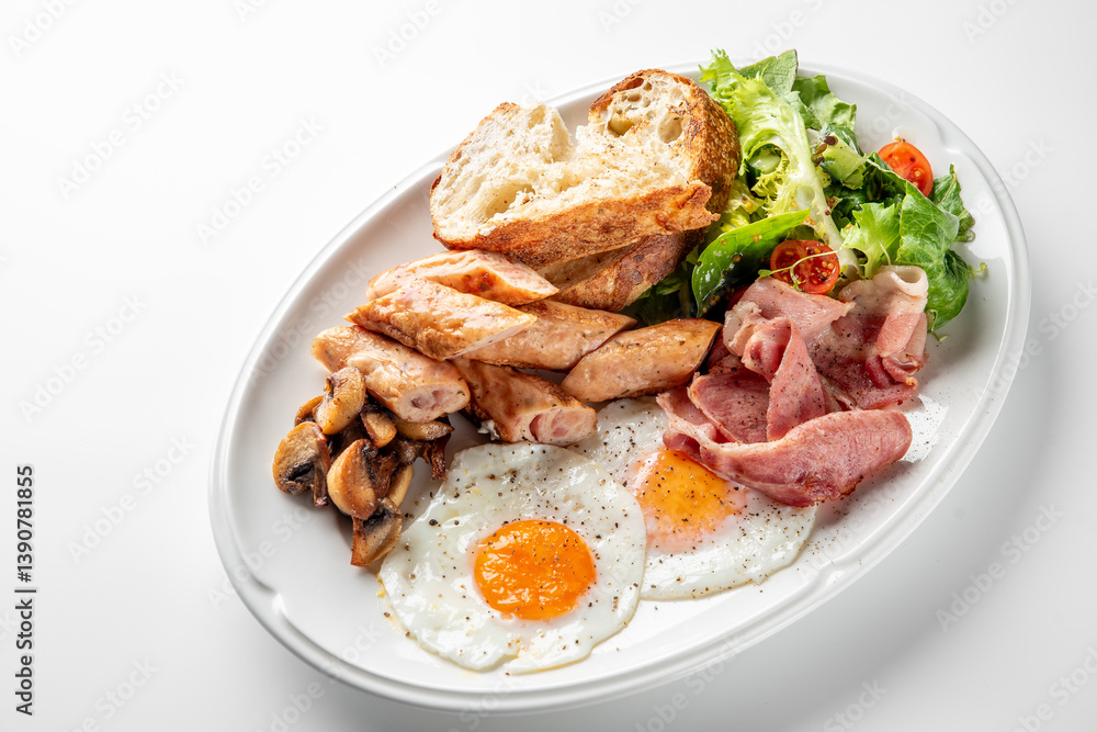 A hearty breakfast plate featuring fried eggs, grilled chicken, ham, sautéed mushrooms, fresh salad greens, and toasted bread, all beautifully arranged on a white platter. A hearty breakfast plate featuring fried eggs, grilled chicken, ham, sautéed mushrooms, fresh salad greens, and toasted bread, all beautifully arranged on a white platter.