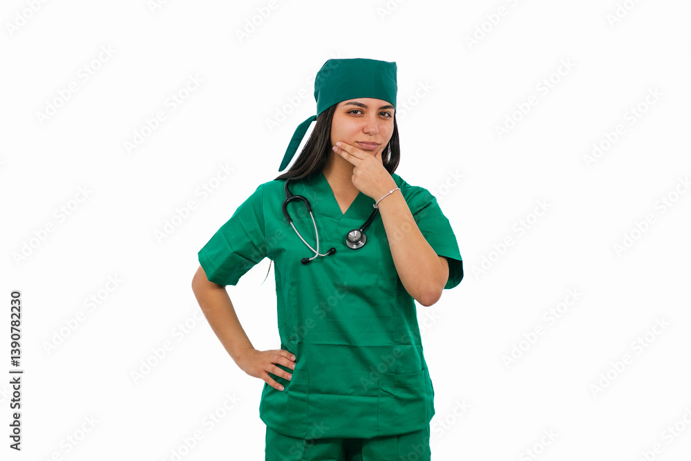 Confident latin surgeon posing with hand on chin and white background Confident latin surgeon posing with hand on chin and white background