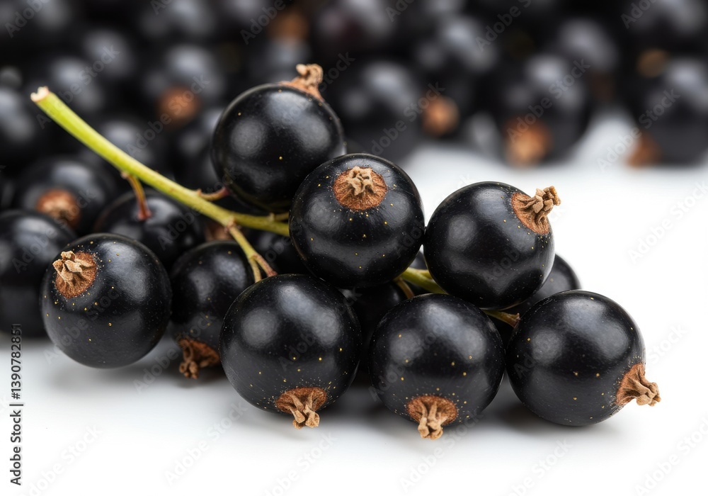 A close up shot of a bunch of fresh black currants on a white surface with a shallow depth of field A close up shot of a bunch of fresh black currants on a white surface with a shallow depth of field