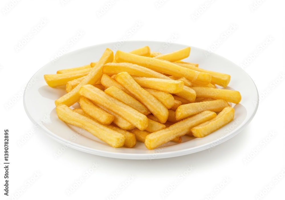 A white plate filled with a generous portion of golden brown crispy french fries on a white background A white plate filled with a generous portion of golden brown crispy french fries on a white background