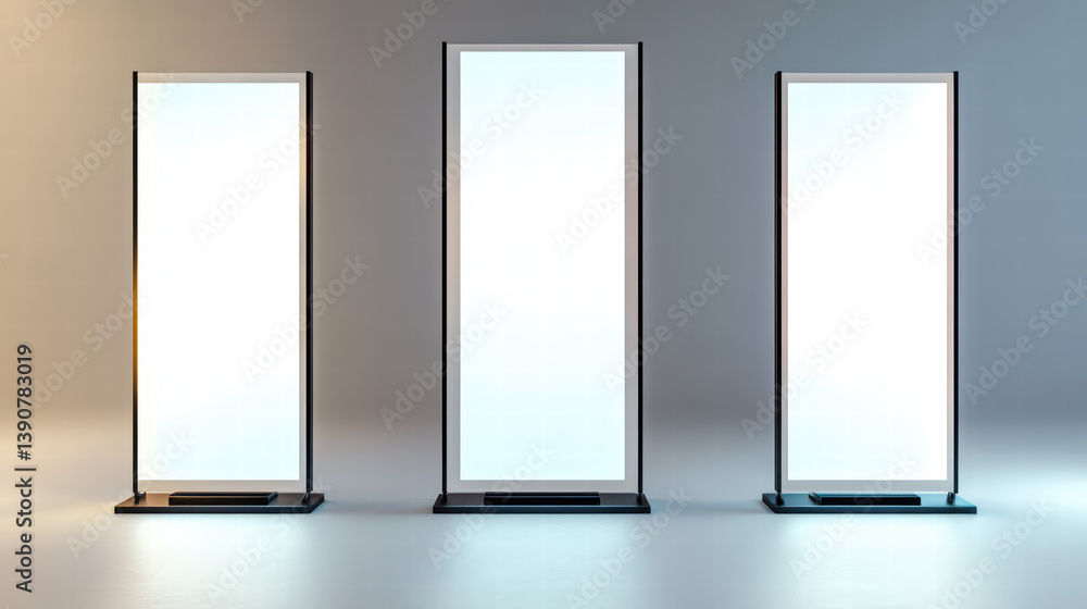 Blank Displays: Three sleek display stands with illuminated screens, ready for showcasing information, advertisements, or promotional content in a modern and professional setting. Blank Displays: Three sleek display stands with illuminated screens, ready for showcasing information, advertisements, or promotional content in a modern and professional setting.