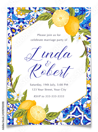 Blue Tiles and Lemons Wedding Invitation Postcard.