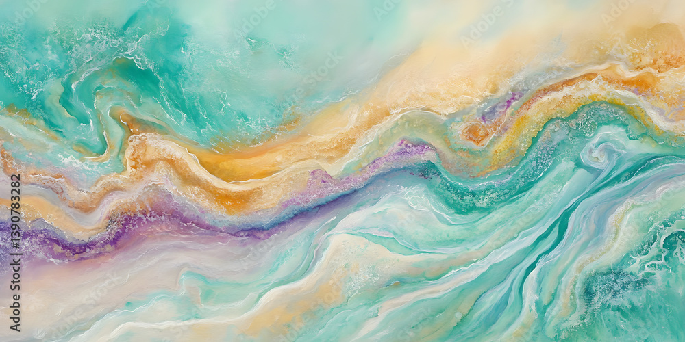 Fototapeta premium Ocean Waves Abstract Art: Teal, Gold, Purple