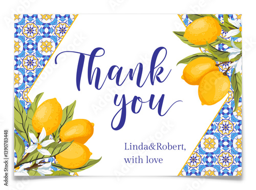 Mediterranean Blue Tiles and Lemon Thank You Card.