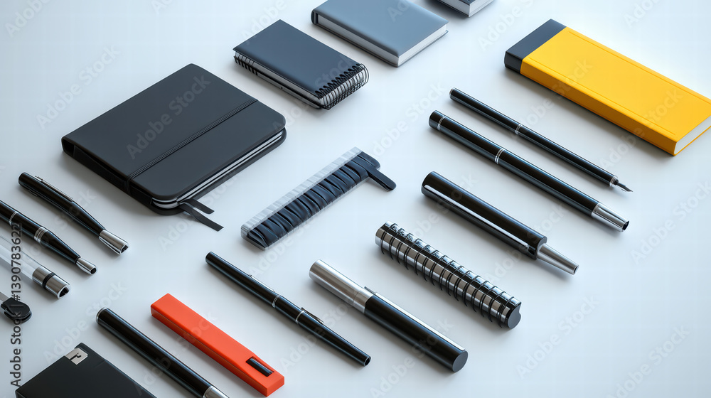 Stationery Set: An assortment of notebooks, pens, and other stationery items is meticulously arranged, showcasing a variety of textures, colors, and designs in a clean, studio-style composition. Stationery Set: An assortment of notebooks, pens, and other stationery items is meticulously arranged, showcasing a variety of textures, colors, and designs in a clean, studio-style composition.
