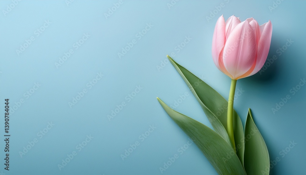 Naklejka premium pink tulip with green stem and leaves lies on a light blue background