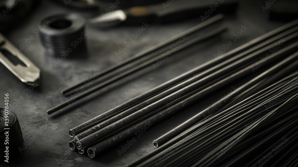 Metallic Rods: Precision-crafted metallic rods arranged on a textured surface showcase industrial design and meticulous manufacturing. Capturing the essence of modern materials and mechanical prowess. Metallic Rods: Precision-crafted metallic rods arranged on a textured surface showcase industrial design and meticulous manufacturing. Capturing the essence of modern materials and mechanical prowess.