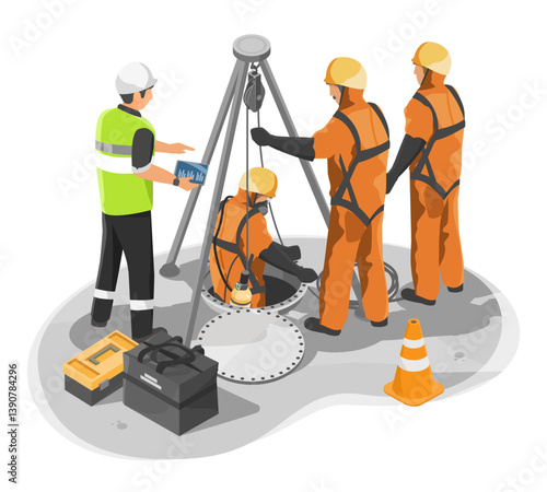 Team of industrial workers performing confined space entry inspection with safety equipment and supervisor monitoring data on tablet isometric