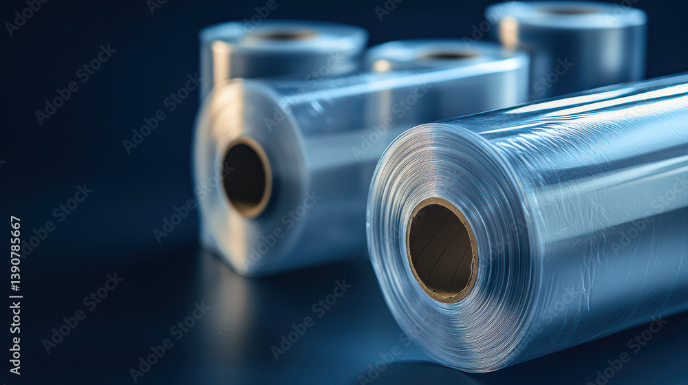 Fototapeta premium Rolls of plastic film: A detailed shot showcases rolls of clear plastic film, conveying industrial functionality, and wrapping concept. The focus is on clarity, smoothness, and practical.
