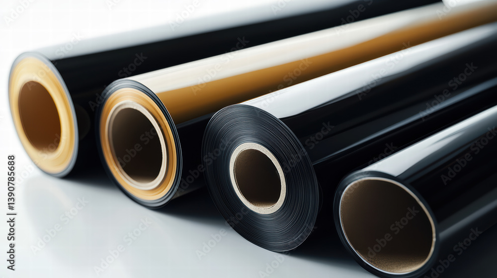 Fototapeta premium Rolls of industrial foil: An industrial perspective showcases neatly rolled foils in diverse shades of black and gold, offering a visual ode to material texture and manufacturing aesthetics.