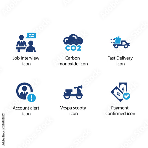 Job Interview, Carbon, Fast Delivery, Account alert,  Payment confirmed, Blue Icon Set