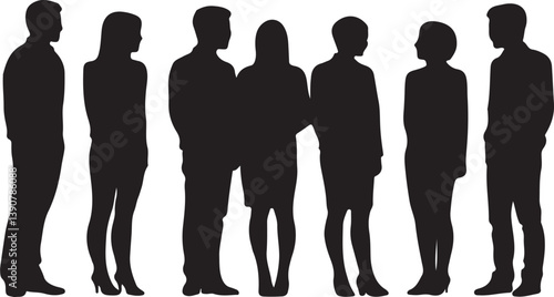 Vector silhouettes of men and a women, a group of standing business people, black color isolated on white background