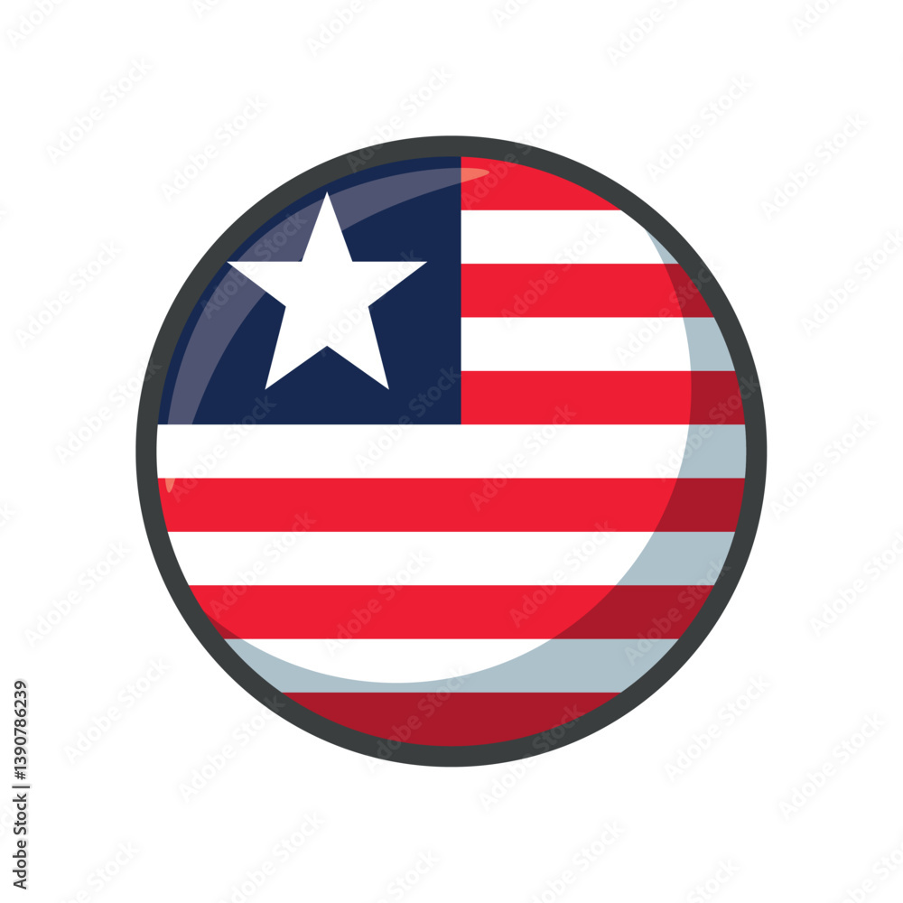 Glossy Round Vector Illustration of the National Flag of Liberia – Flat Design Emblem with Red and White Stripes and a White Star on a Blue Square Representing the West African Nation Glossy Round Vector Illustration of the National Flag of Liberia – Flat Design Emblem with Red and White Stripes and a White Star on a Blue Square Representing the West African Nation