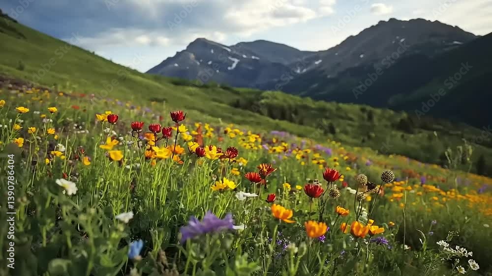 Vibrant wildflower meadow in the mountains under a blue sky with scattered clouds, showcasing nature's beauty Vibrant wildflower meadow in the mountains under a blue sky with scattered clouds, showcasing nature's beauty