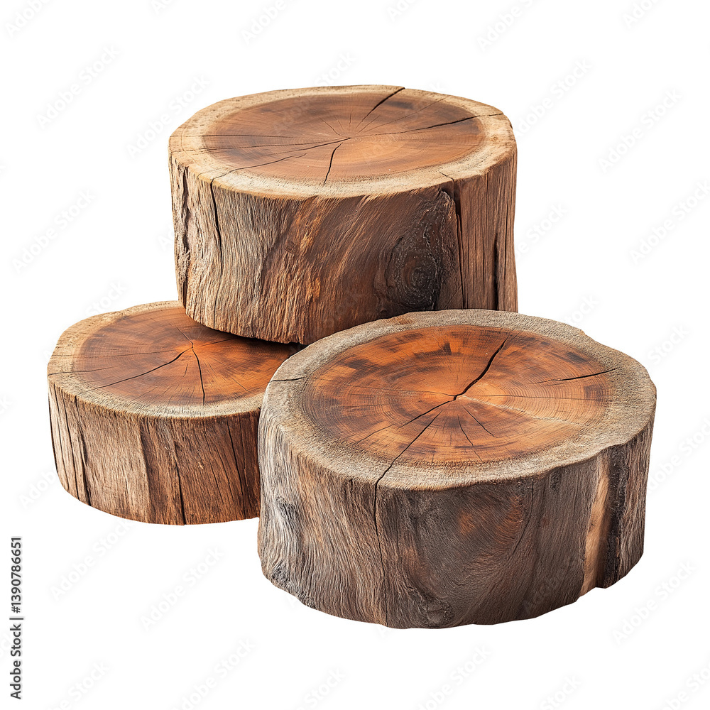 Obraz premium Rustic wood podiums featuring natural grain and organic textures, isolated on a transparent or white background.