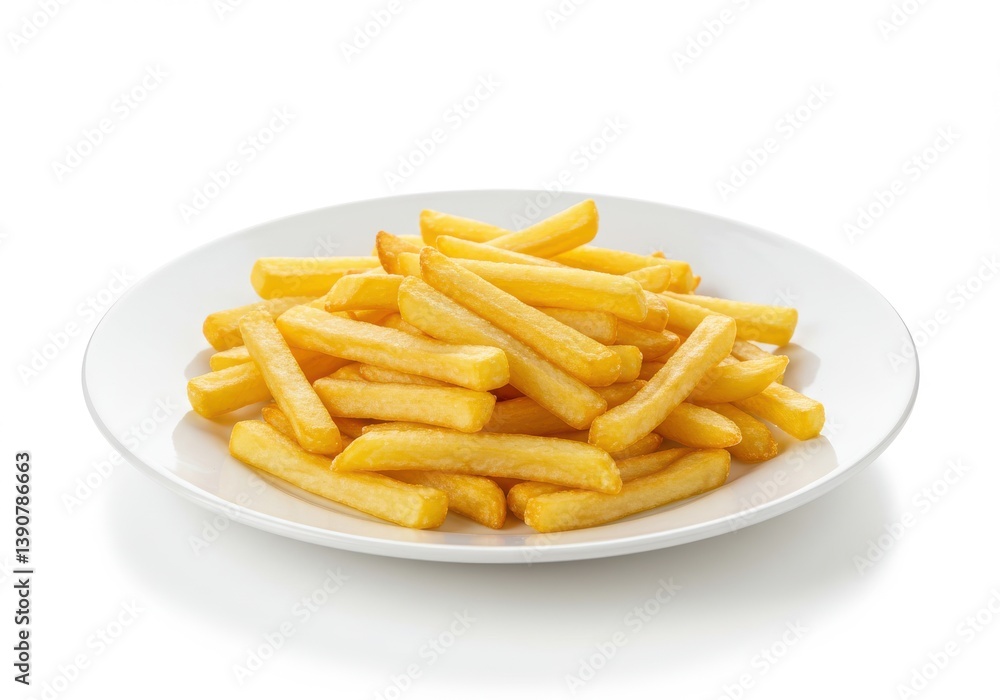 A pile of golden french fries arranged on a white plate against a plain white background studio shot A pile of golden french fries arranged on a white plate against a plain white background studio shot