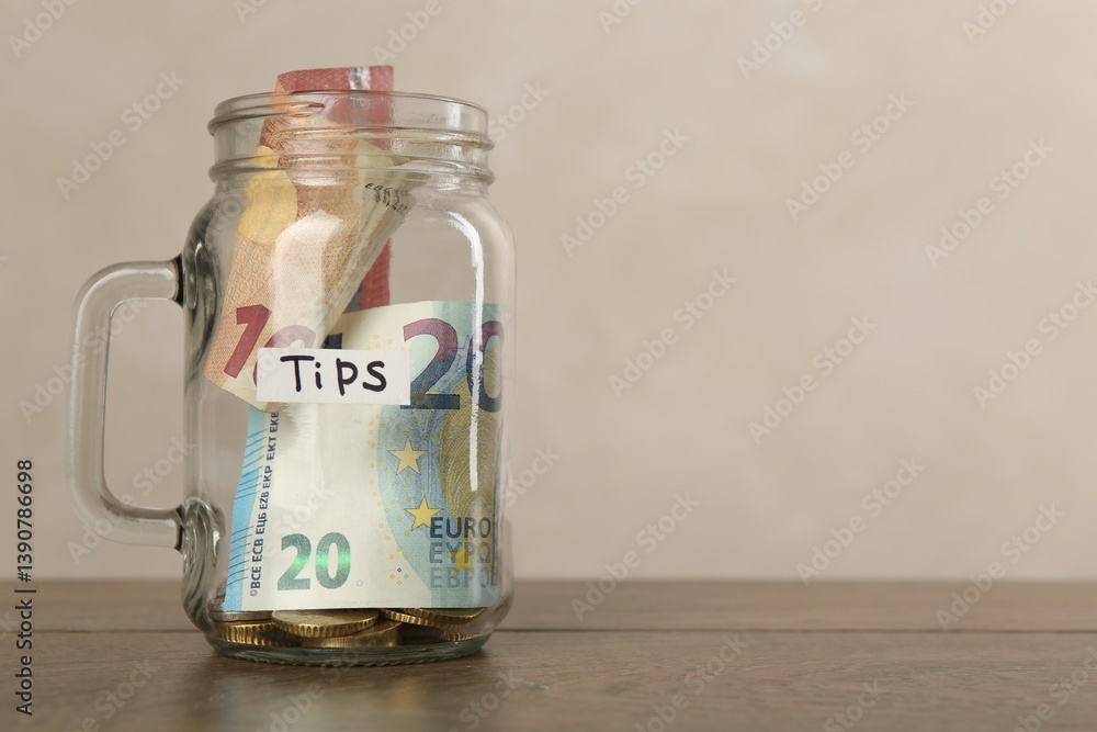 Tips jar with money on wooden table. Space for text Tips jar with money on wooden table. Space for text