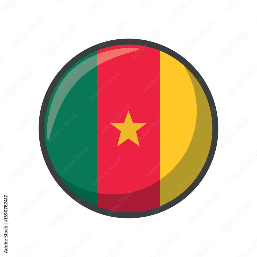 Vector Illustration of the National Flag of Cameroon in a Circular Icon Format Featuring Vertical Green, Red, and Yellow Stripes with a Central Yellow Star on the Red Stripe Vector Illustration of the National Flag of Cameroon in a Circular Icon Format Featuring Vertical Green, Red, and Yellow Stripes with a Central Yellow Star on the Red Stripe