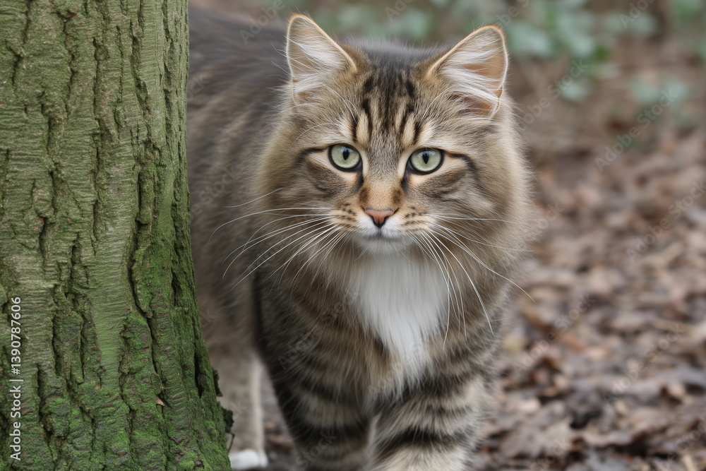 Siberian cat with green eyes and long fur walking near a mossy tree in an autumn forest with fallen leaves and natural light Siberian cat with green eyes and long fur walking near a mossy tree in an autumn forest with fallen leaves and natural light