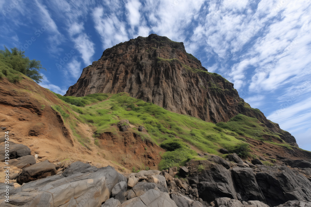 Obraz premium Towering rocky cliff with green vegetation rising against blue sky and scattered clouds, coastal landscape captured from below for travel, adventure, geological formation or nature exploration themes