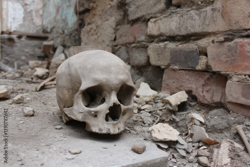 Obraz na płótnie Human skull resting on dusty ground surrounded by broken bricks and rubble in abandoned building ruins w salonie