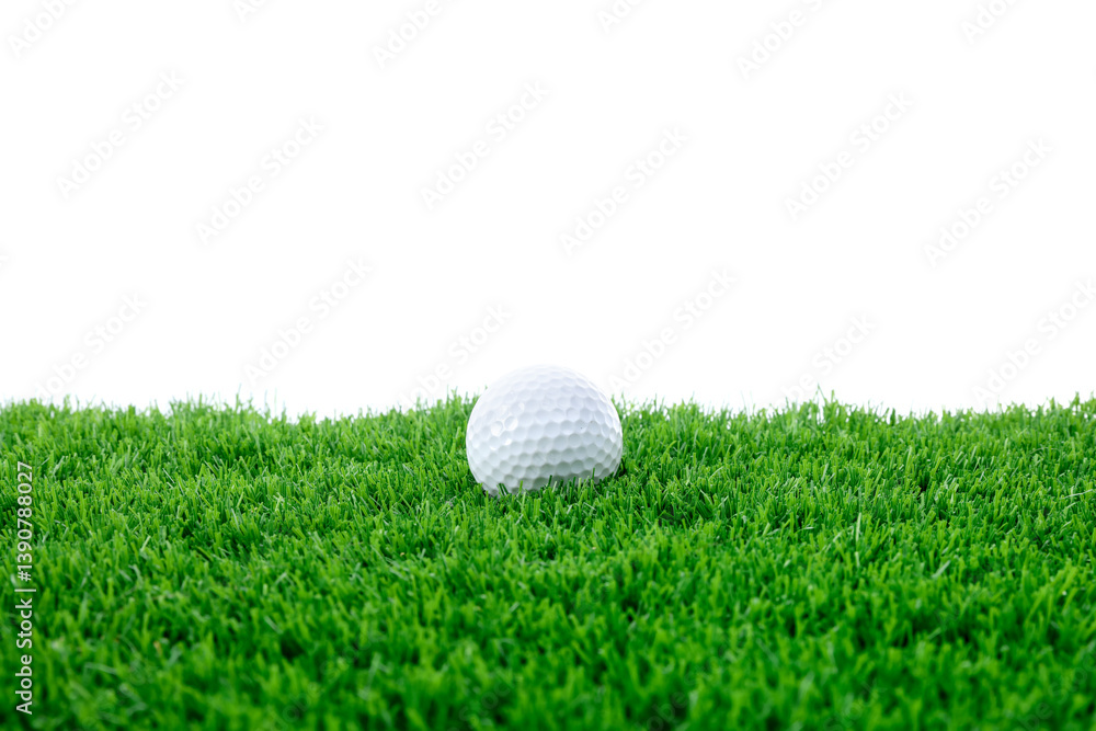 Golf ball on green grass against white background