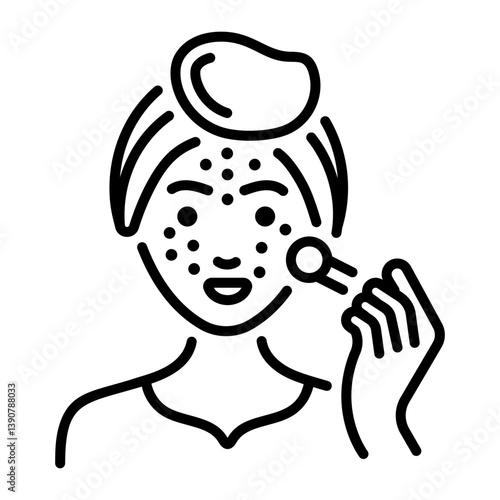 A line icon showing a character using derma roller on her face 