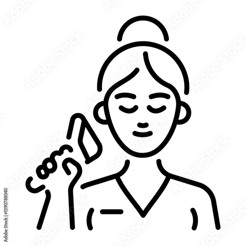 A linear style icon showing a girl using gua sha 
