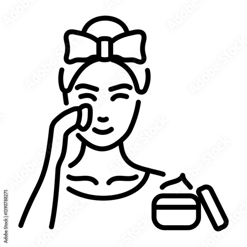 A girl applying beauty cream on her face, line icon 