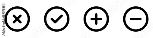 check mark icon button with green tick box and red cross. set of plus, minus icons - right and wrong buttons , close and new icons