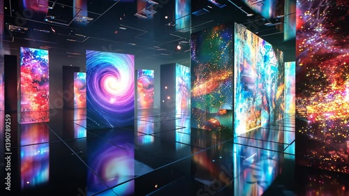 Holographic display projecting multiple realities simultaneously, illustrating the concept of parallel universes and the multiverse theory in quantum physics