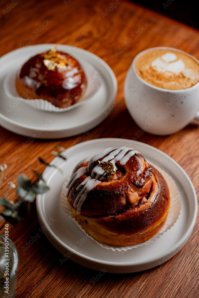 Artisan Coffee and Gourmet pastry on Wooden Table Artisan Coffee and Gourmet pastry on Wooden Table