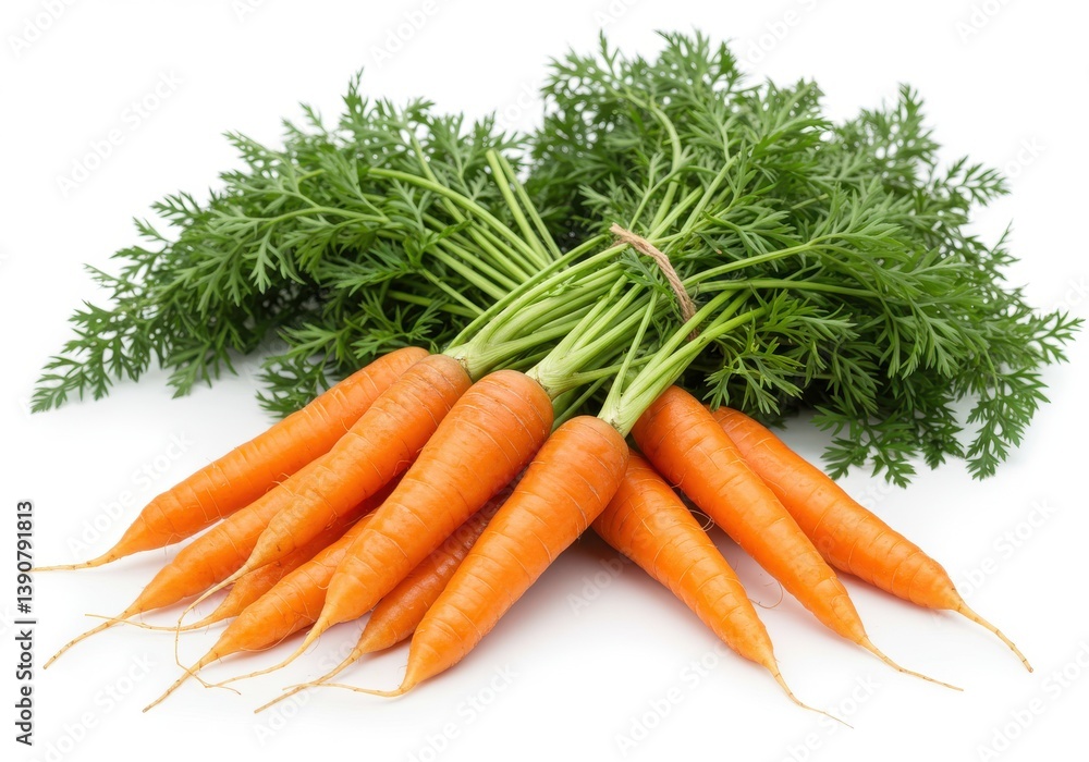 A bunch of fresh carrots with green tops tied together on a white surface in a close up shot A bunch of fresh carrots with green tops tied together on a white surface in a close up shot