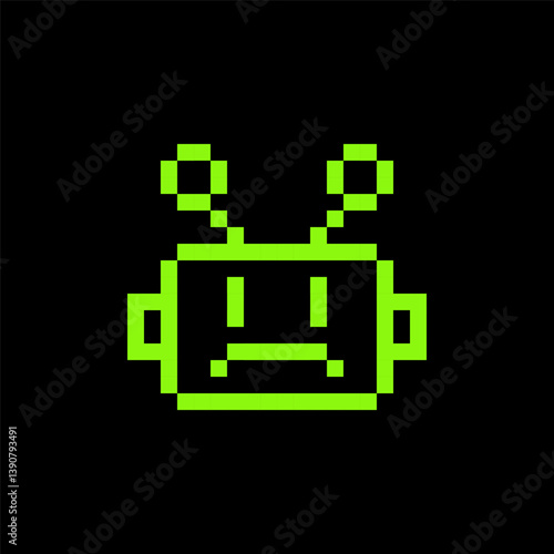 Sad bot pixel art icon. Sad robot. Sorry chatbot 8 bit emoji. Vintage retro sticker. Editable pixel vector green design element. Game abstract element. Y2k geometric shape for collage. Bold and groovy