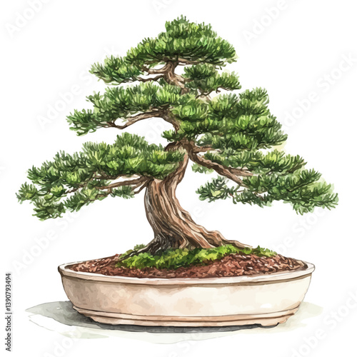 A watercolor painting of Cedar Bonsai, isolated on a white background. Cedar Bonsai vector

