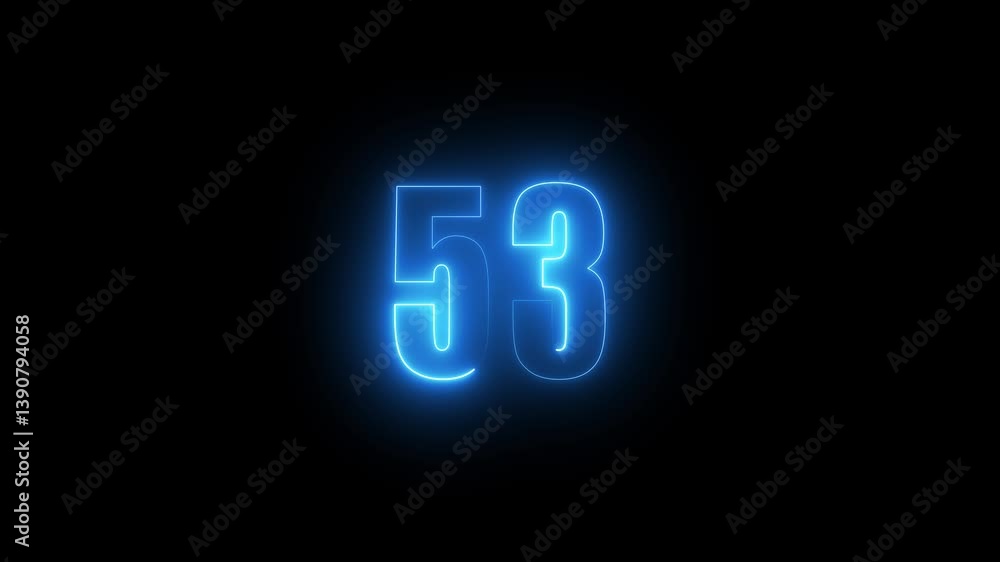 Abstract glowing neon text 53 number countdown icon. Glowing sign on black background Neon number. Glowing blue neon countdown timer number animation 4k. neon countdown timer color 4k Abstract glowing neon text 53 number countdown icon. Glowing sign on black background Neon number. Glowing blue neon countdown timer number animation 4k. neon countdown timer color 4k