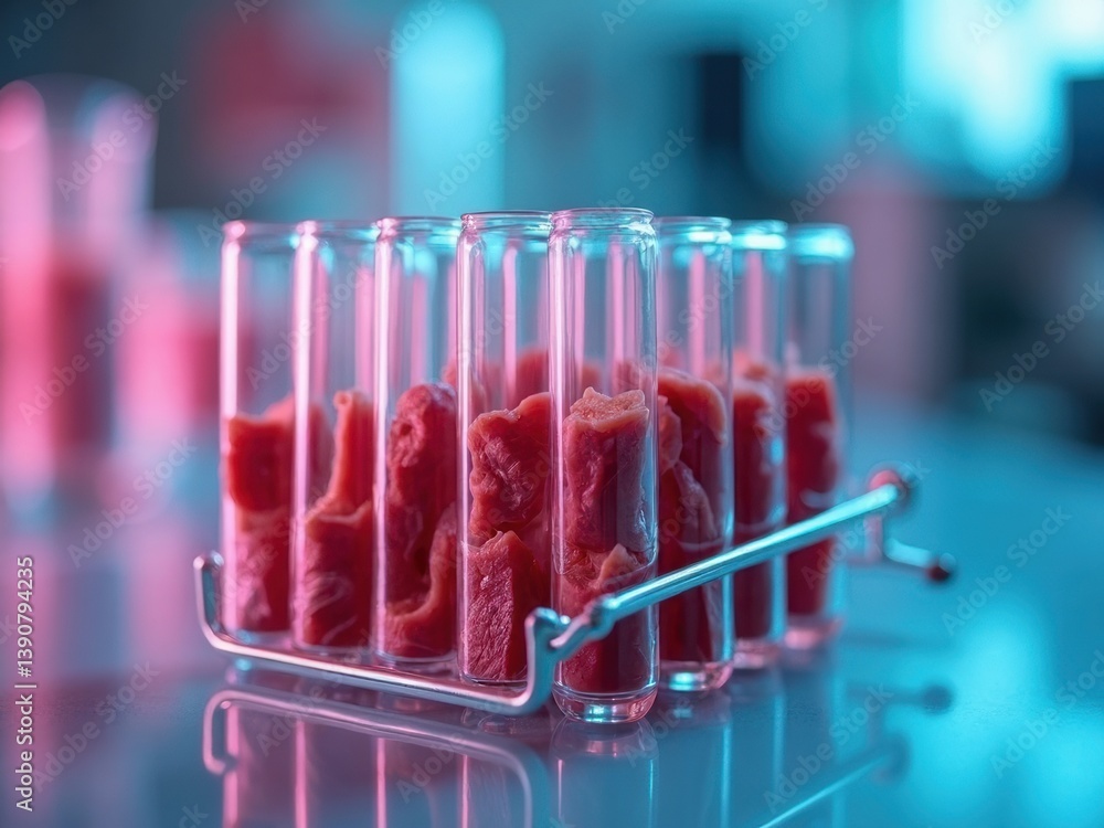 Test tubes containing pieces of artificial meat are displayed under vibrant blue and pink lighting in a laboratory. The focus is on modern food technology exploration.