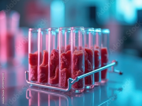 Obraz na płótnie Test tubes containing pieces of artificial meat are displayed under vibrant blue and pink lighting in a laboratory. The focus is on modern food technology exploration. w salonie