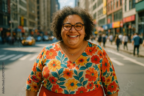 Joyful Middle-Aged Woman in Urban Setting, Lifelike Imagery for Health