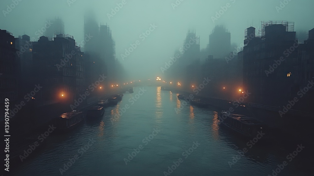 Naklejka premium Foggy Urban Waterway at Night with Illuminated Streetlights and Silhouetted Structures